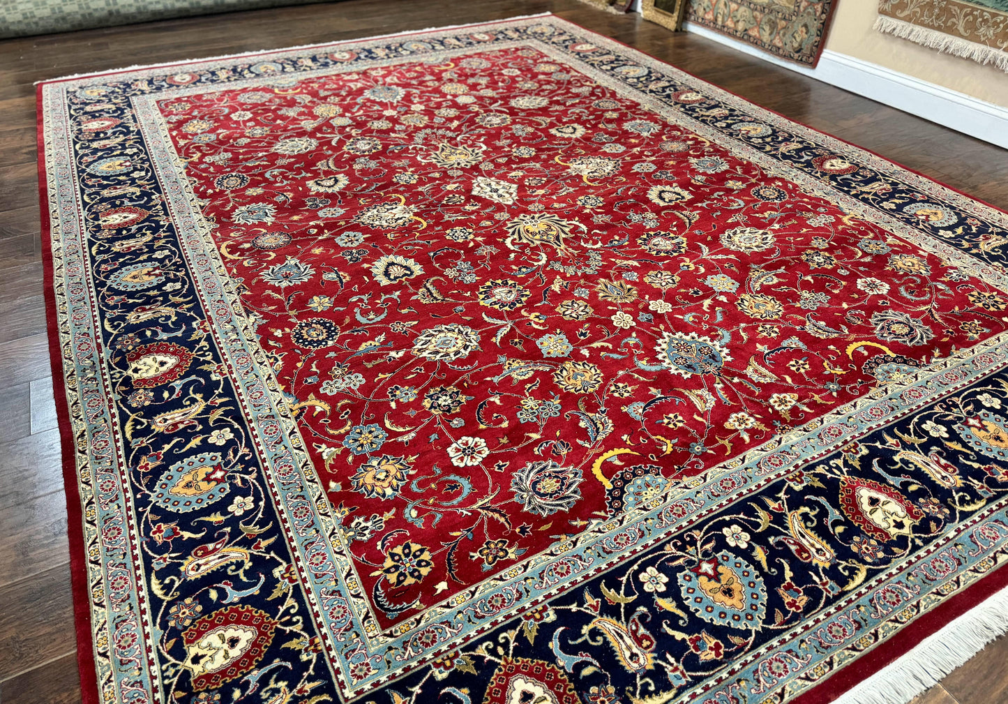 USED Pak Persian Rug 9x12, Red and Navy Blue, Floral Allover, Hand Knotted Vintage Wool Carpet, Fine 260 KPSI
