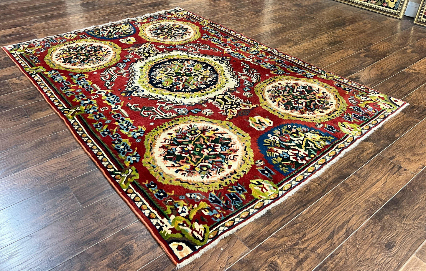 USED Persian Bakhtiari Rug 5x8, Wool Hand Knotted Antique Carpet, Red, Floral Oriental Rug, 5 x 8 Medium Sized Rug