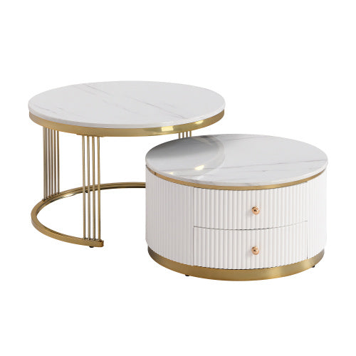 NEW Modern 2-piece White Circular Nested Coffee Table With Drawers, 27.6 Inches