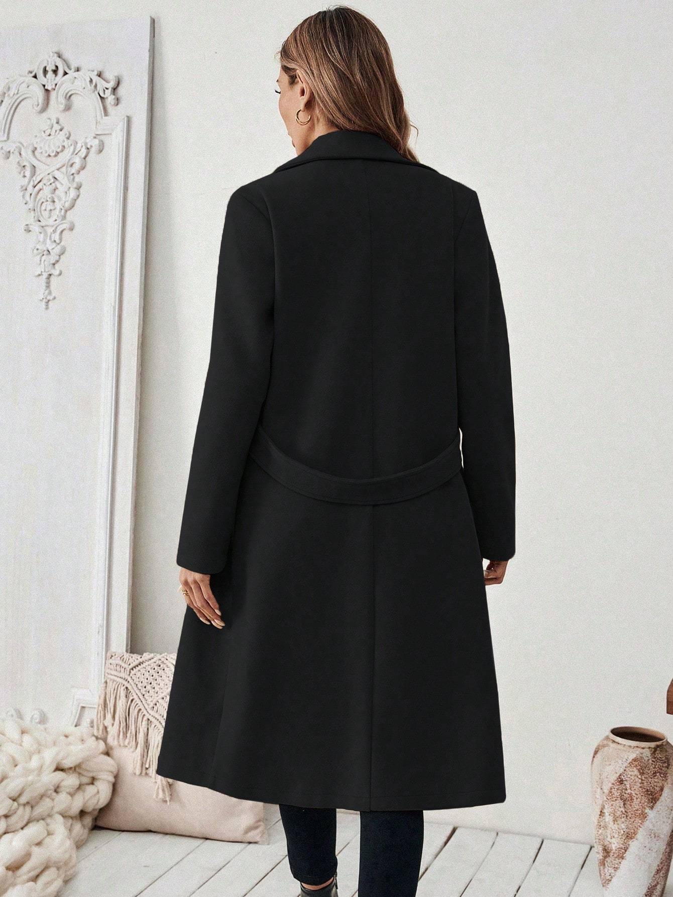 New Flat Collar Solid Color Pocket With Belt Long Sleeve Autumn Winter Coat Jacket