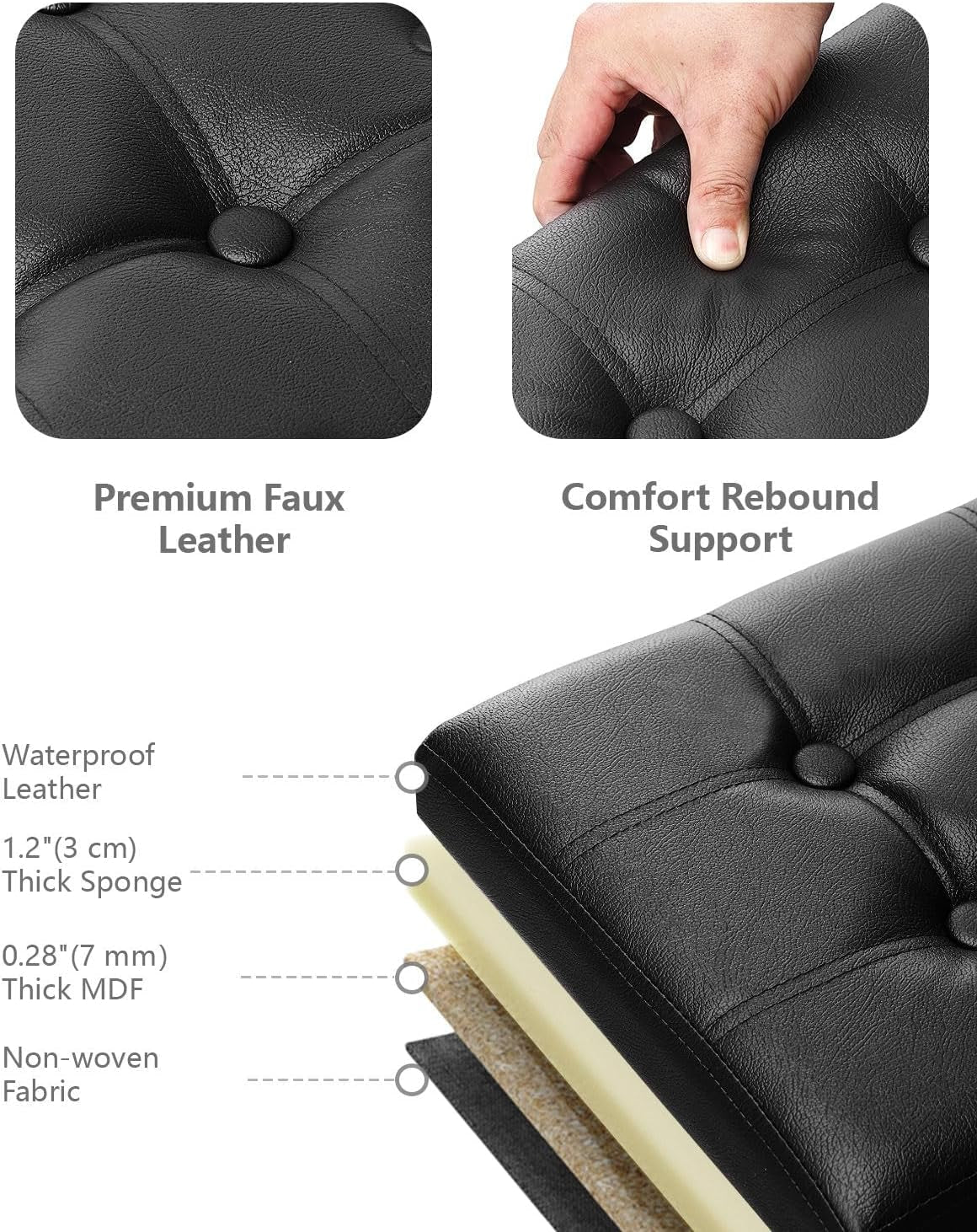 NEW Ottoman With Premium Black Storage 34 Inch Dimension