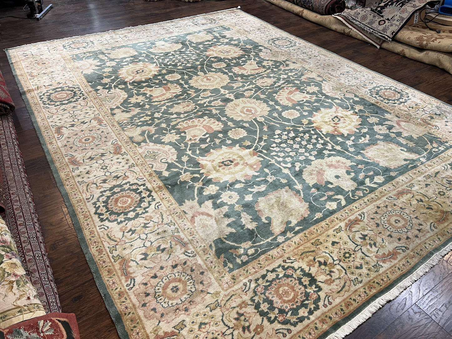 USED Egyptian Mahal Rug 10x14, Large Vintage Floral Hand Knotted Wool Carpet 10 x 14, Dark Green and Beige Traditional Handmade Persian Area Rug