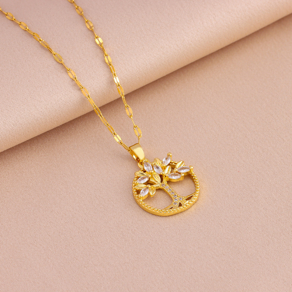 NEW Retro Casual Copper Inlaid Zircon Gold Plated Tree Of Life Pendant