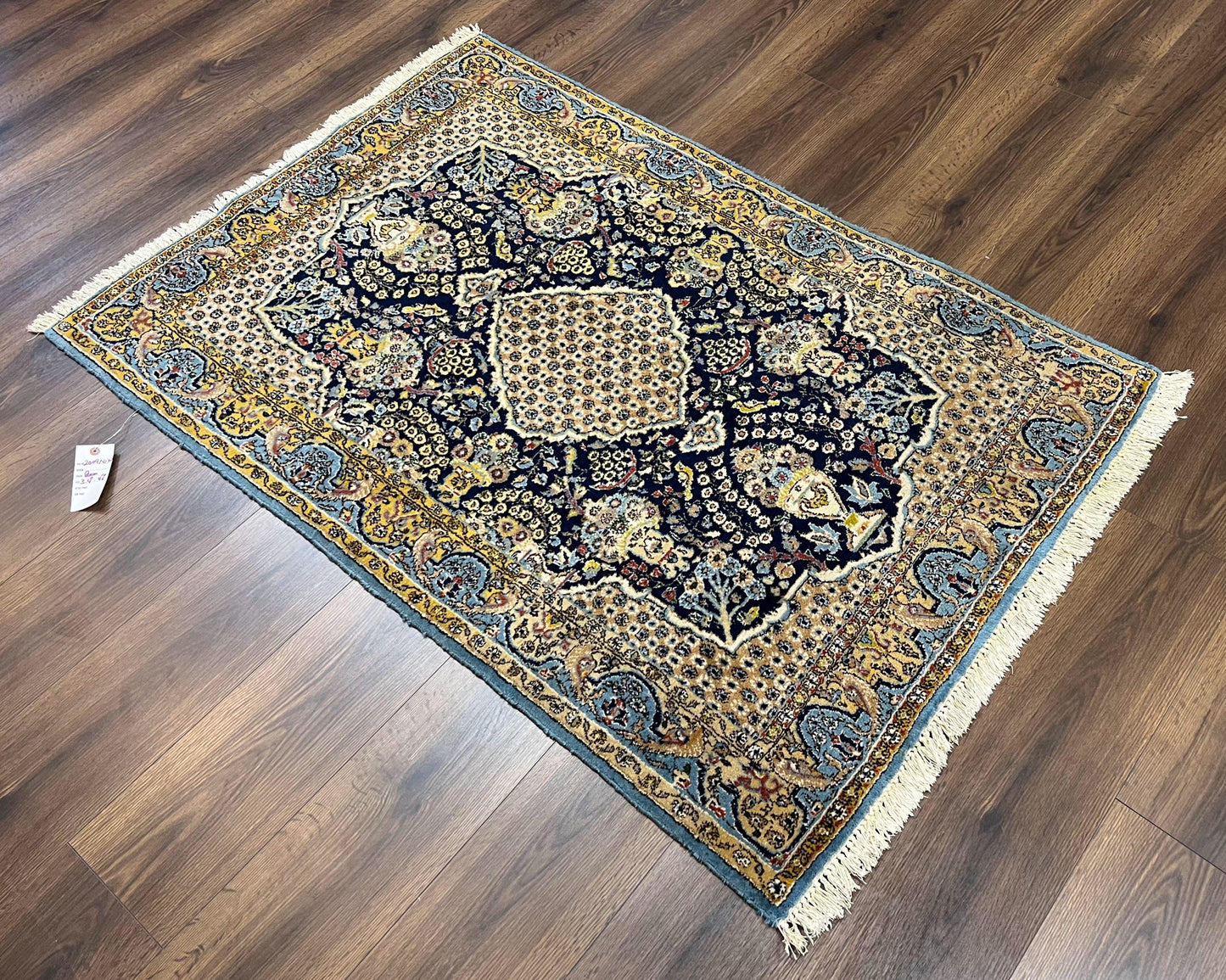 USED Fine Persian Qum Rug 3x5, Semi Antique Vintage Oriental Ghom Carpet, Floral Medallion, Highly Detailed, Hand Knotted, Navy Blue, Wool Area Rug, Birds