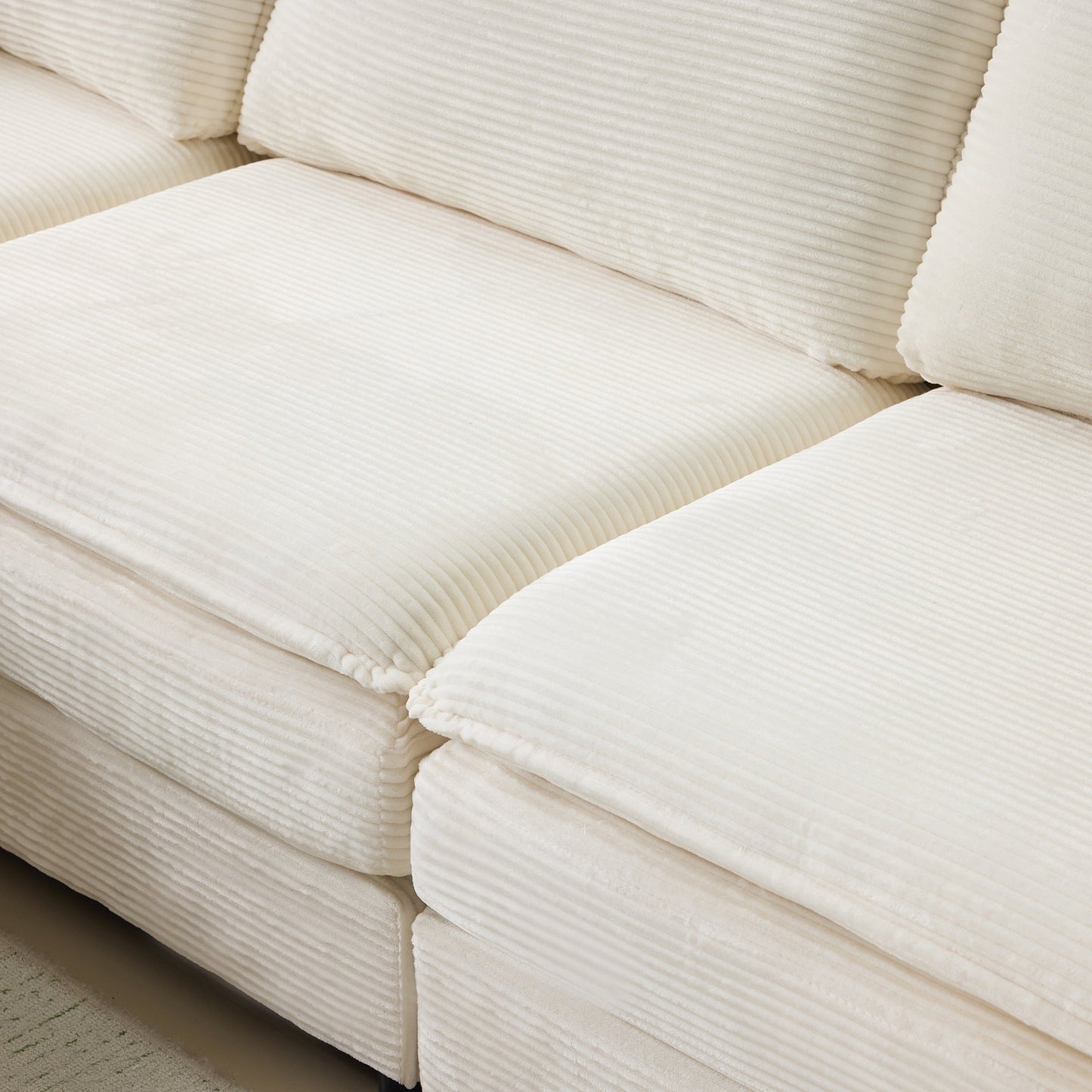 NEW 136' Plush Cloud 3-seater Sofa: Modular 4-seater Sofa + 2 Footstools with 22' Beige Chenille Cushions + 2 Throw Pillows - Compact Size for Apartment, Living Room, Bedroom (Beige)