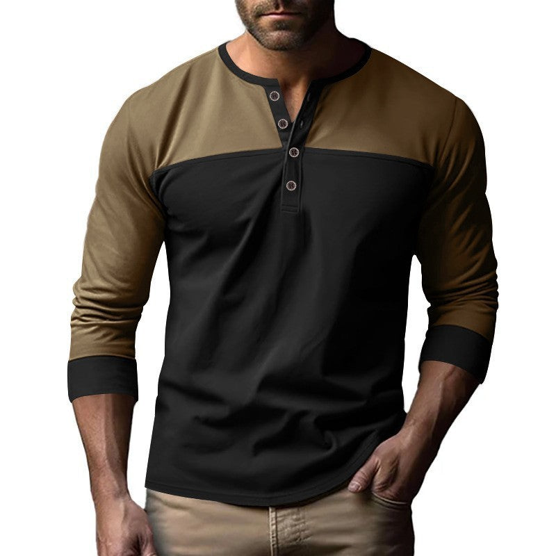 New Retro Trendy Long-sleeve Color Matching Henry Collar Bottoming Shirt Casual T-shirt
