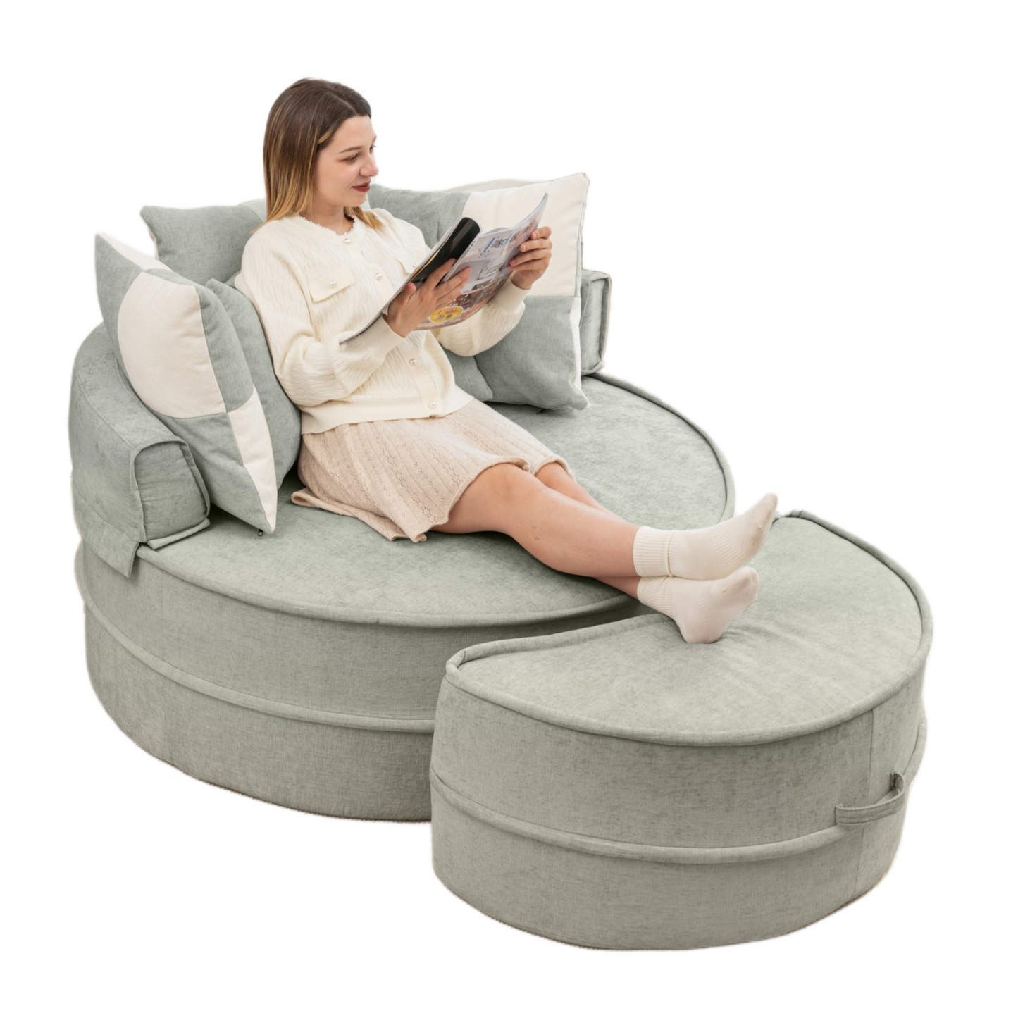 NEW Modern Oversized Blue Round Barrel Accent Chair with Ottoman - Velvet Upholstered Lounge Armchair with 5 Pillows for Living Room or Bedroom