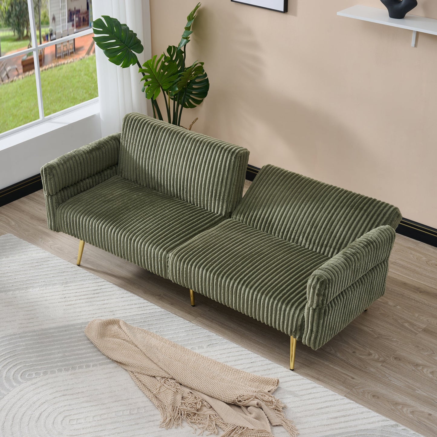NEW Modern Corduroy Sofa Bed, Foldable Double Sofa with Armrests, Green Velvet, 79 Inch