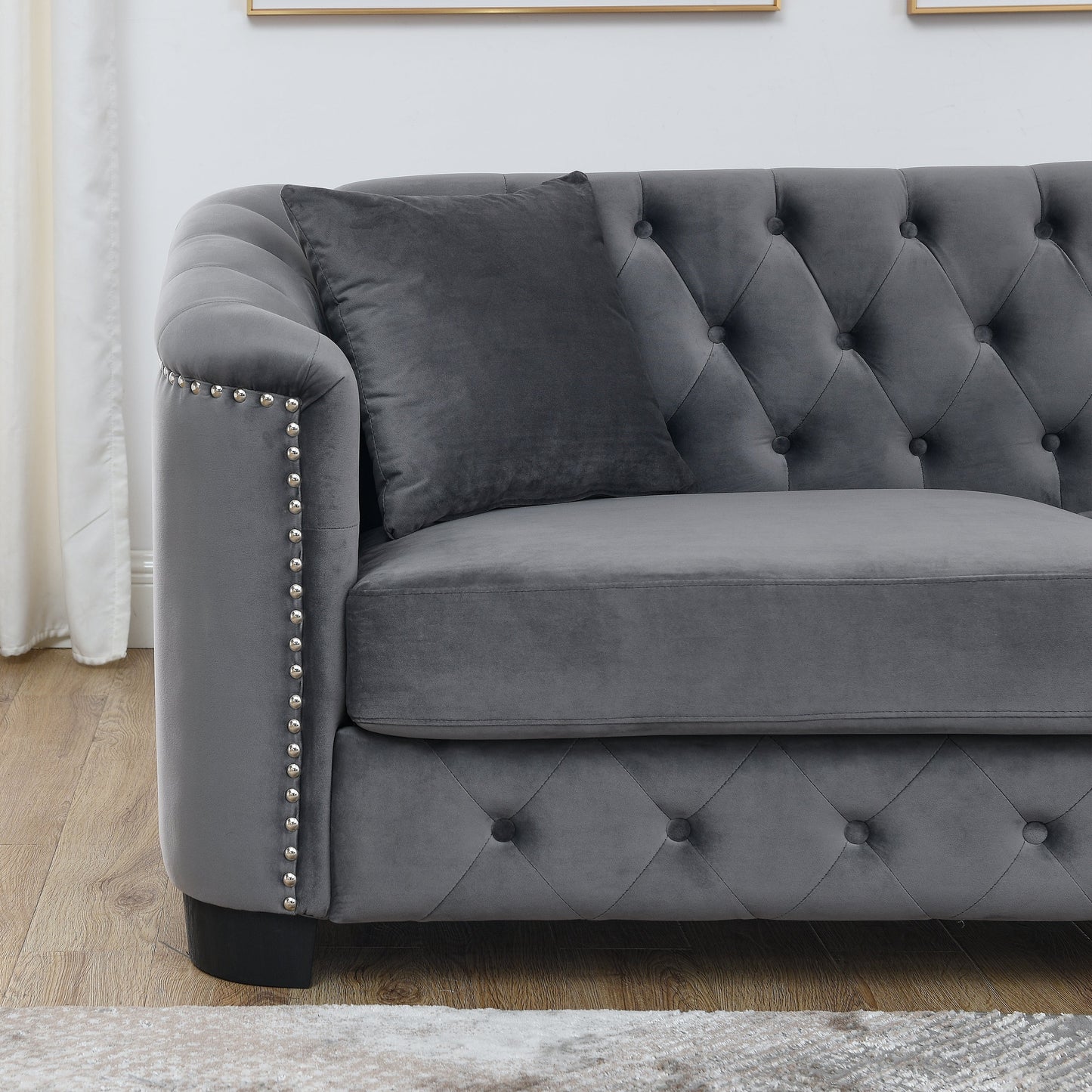 NEW Grey 59-Inch Modern Chesterfield Velvet Sofa 2-Seater Couch Upholstered Tufted Backrests with Nailhead Arms and 2 Cushions