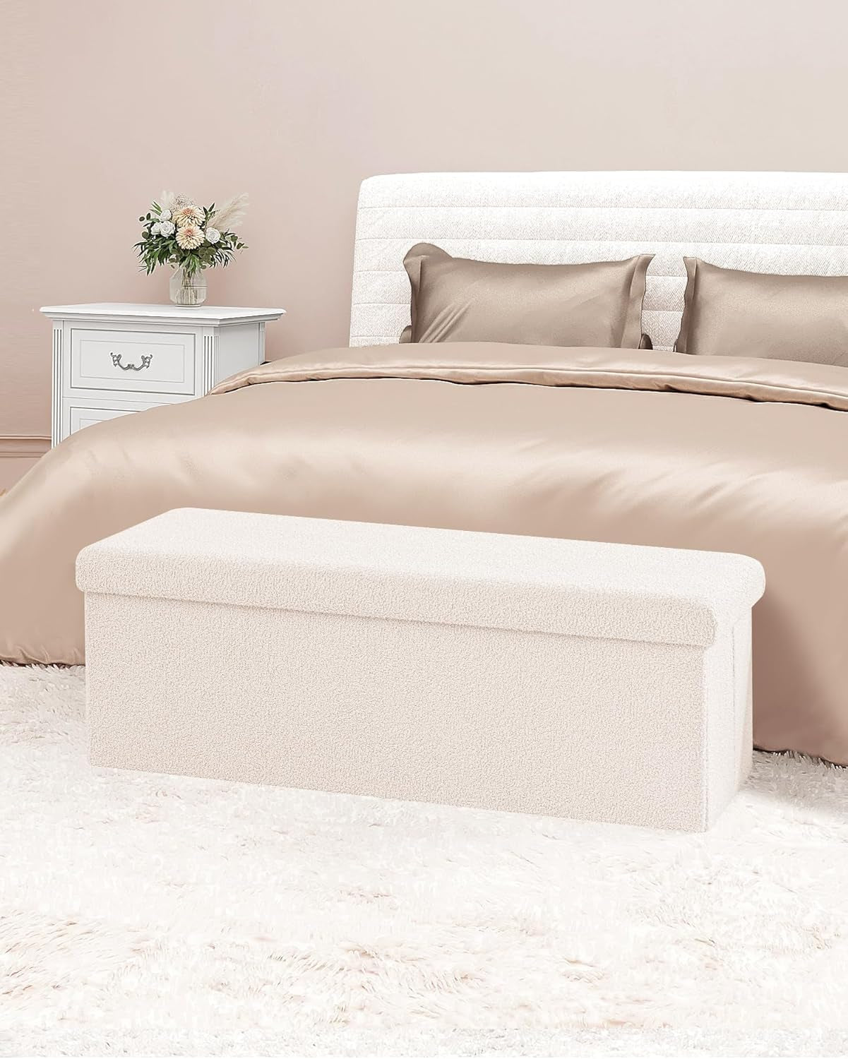NEW Cream White Faux Fur Storage Ottoman 43.3 Inch Dimensions