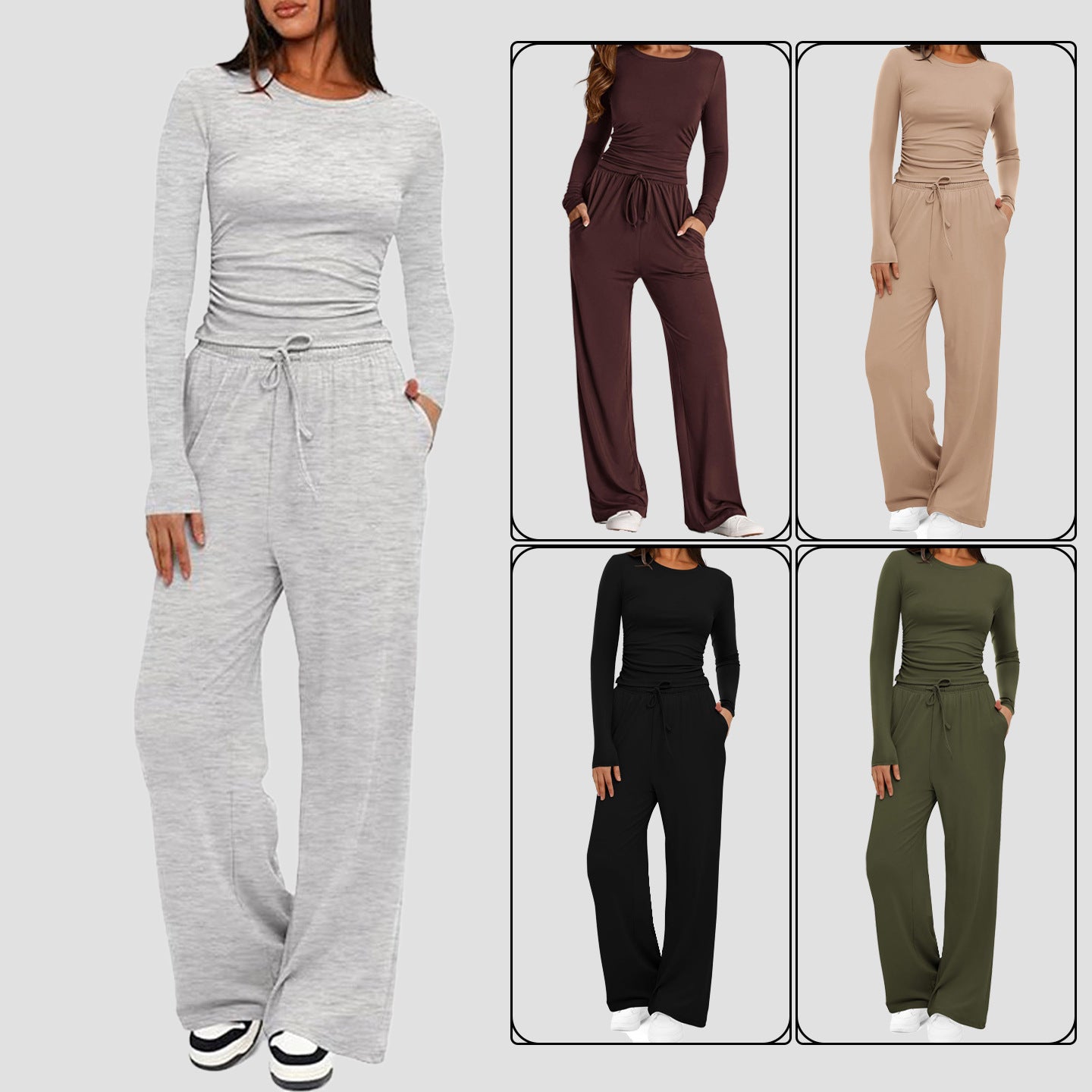 New 2 Pieces Women's Suit Autumn Winte Long Sleeve Tops High Waisted Wide Leg Pants Sportswear Female Clothes Solid Color Casual Suit