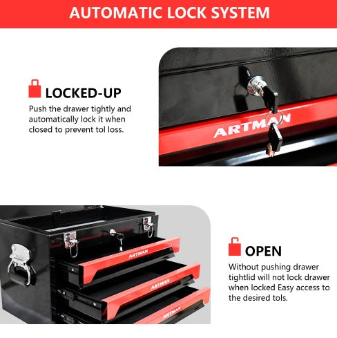 NEW 20 Portable 3 Drawer Steel Tool Box With Metal Latch Closure, Black Red