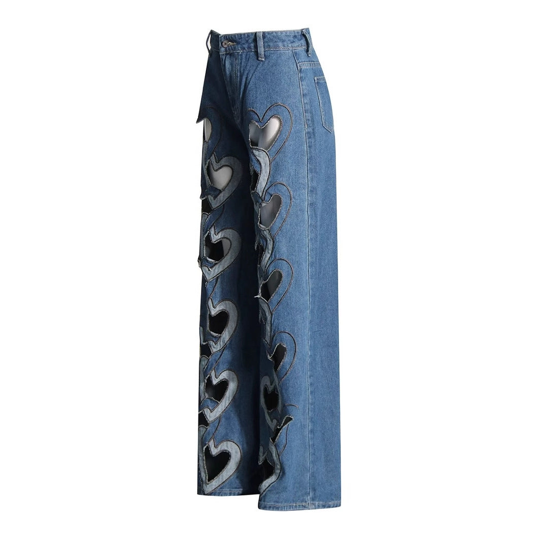 NEW High Waist Hollowed Heart Shape Wide Leg Jeans