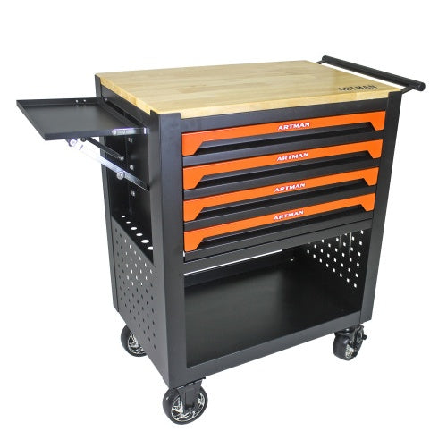 NEW Black Orange 4 Drawer Multi-Functional Tool Cart with Wheels and Wooden Top