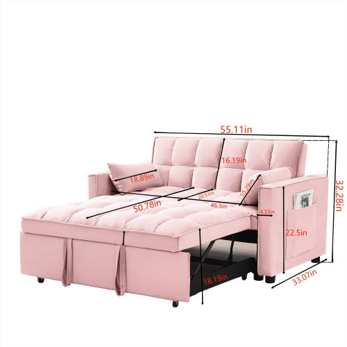 NEW Modern Velvet Loveseat Futon Sofa Couch W Pullout Bed, Small Love Seat Lounge Sofa W Reclining Backrest, Toss Pillows, Pockets Furniture For Living Room,3 In 1 Convertible Sleeper Sofa Bed