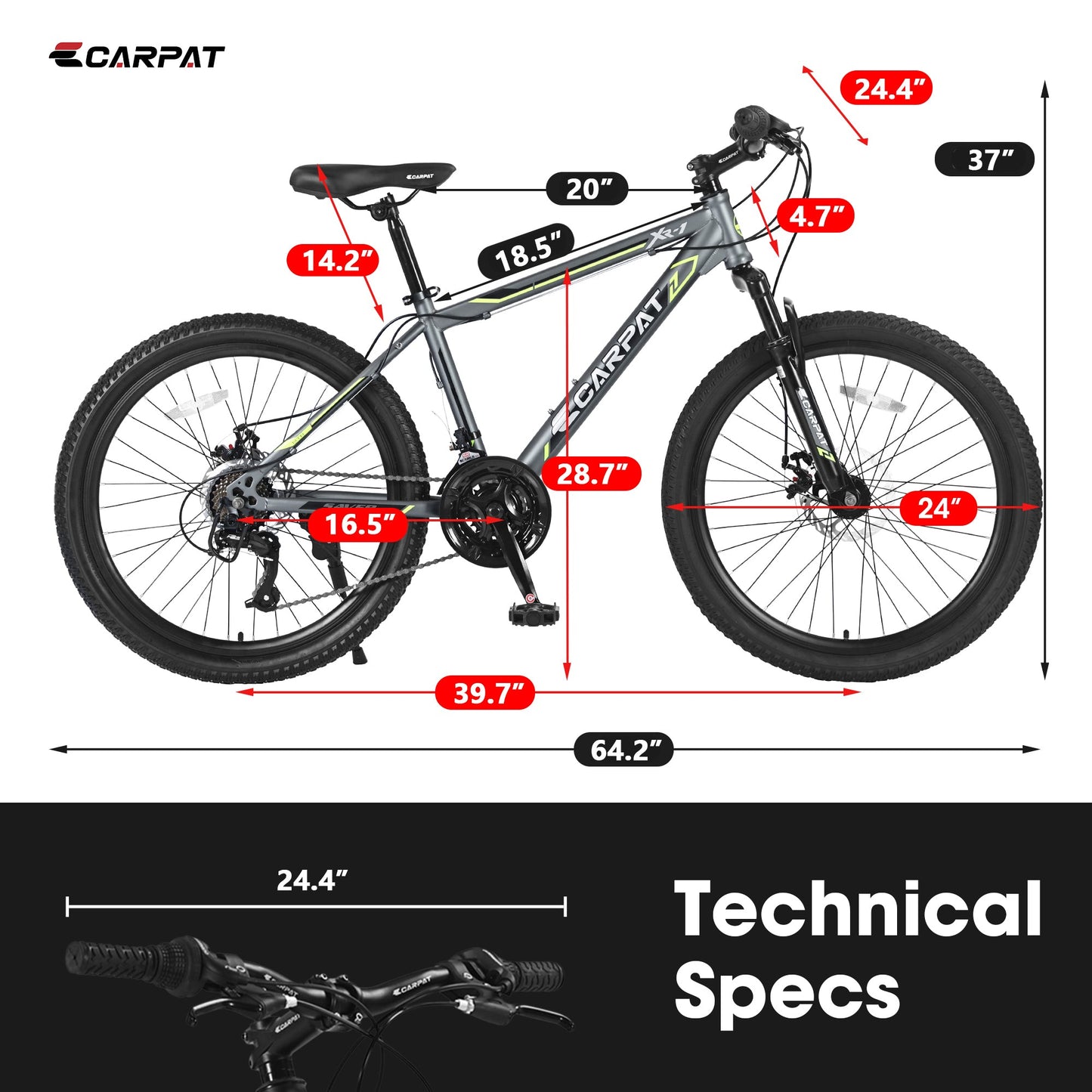 NEW S24102 24 Inch Mountain Bike Boys Girls, Steel Frame, Shimano 21 Speed Mountain Bicycle with Daul Disc Brakes and Front Suspension MTB
