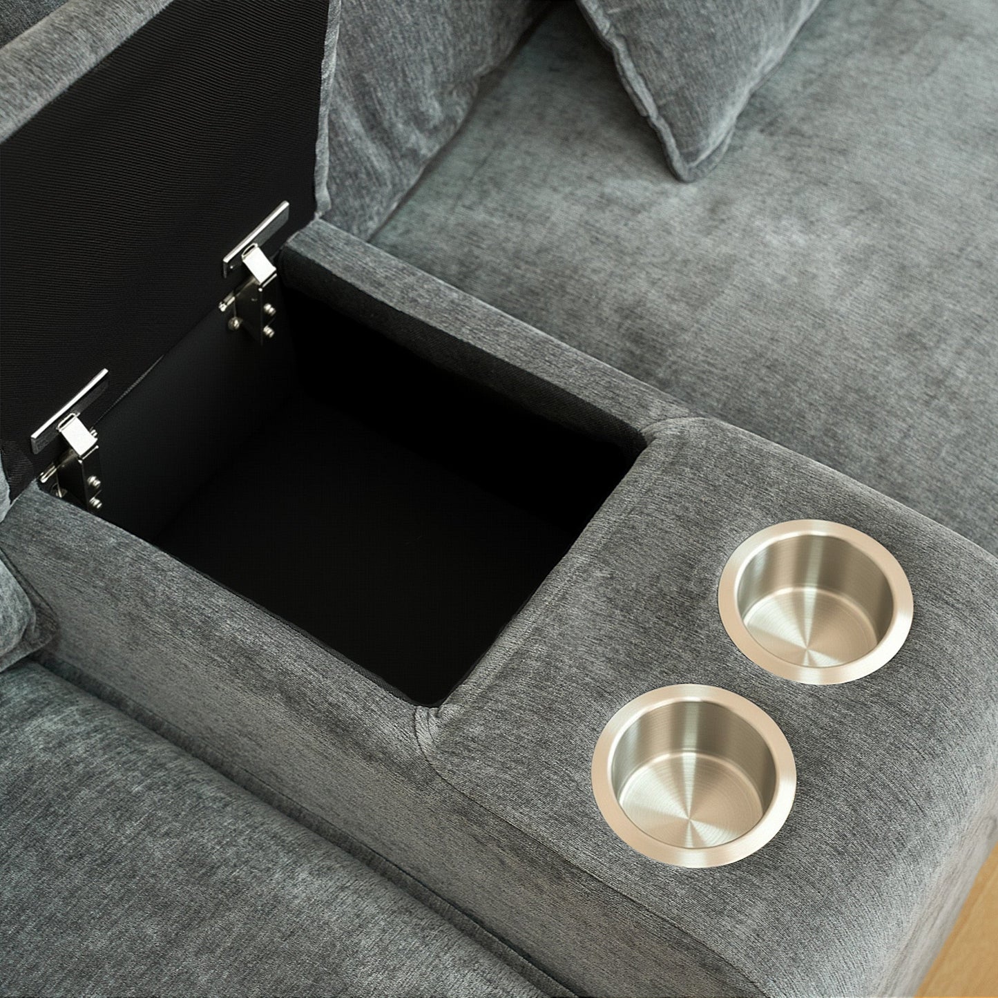 U Shaped Sectional Cloud Couch for Living Room,144' Comfy Fluffy Modular Sofa with Movable Ottoman Modern Chenille 6 Seat Sectional Sofa Set with Console, Cup Holders, Grey