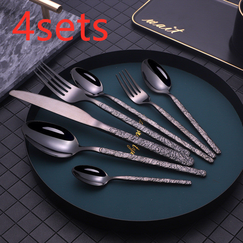 NEW Embossed Black Rose Gold Textured Handle Steak Western Spoon Knife Fork Dinnerware Tableware Set