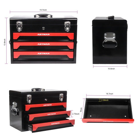 NEW 20 Portable 3 Drawer Steel Tool Box With Metal Latch Closure, Black Red