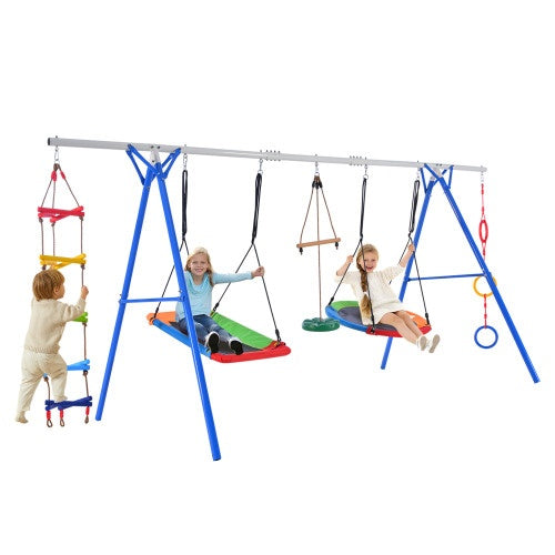 NEW 5-in-1 Outdoor Toddler Playground Steel Frame Multifunctional Playset For Kids With Climbing Ladder Saucer Monkey Pole Disc Swing Ring Swing Set