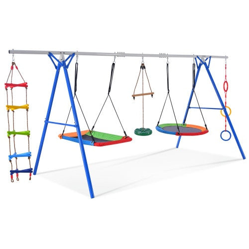NEW 5-in-1 Outdoor Toddler Playground Steel Frame Multifunctional Playset For Kids With Climbing Ladder Saucer Monkey Pole Disc Swing Ring Swing Set