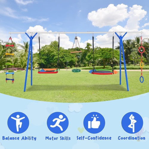 NEW 5-in-1 Outdoor Toddler Playground Steel Frame Multifunctional Playset For Kids With Climbing Ladder Saucer Monkey Pole Disc Swing Ring Swing Set