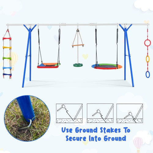 NEW 5-in-1 Outdoor Toddler Playground Steel Frame Multifunctional Playset For Kids With Climbing Ladder Saucer Monkey Pole Disc Swing Ring Swing Set