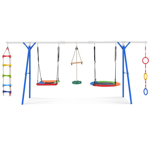 NEW 5-in-1 Outdoor Toddler Playground Steel Frame Multifunctional Playset For Kids With Climbing Ladder Saucer Monkey Pole Disc Swing Ring Swing Set