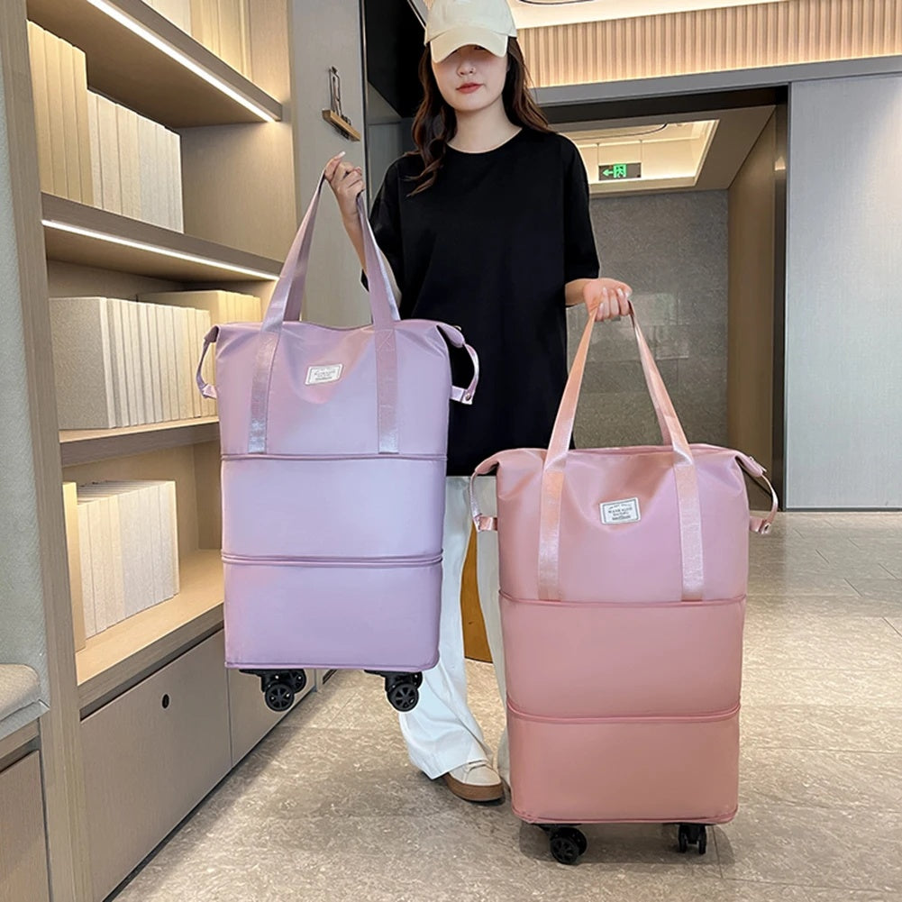 NEW Folding Luggage Bags Expandable Rolling Duffle Pack With Wheel Large Capacity Oxford Clot Dry-Wet Separation Outdoor Weekend Bag