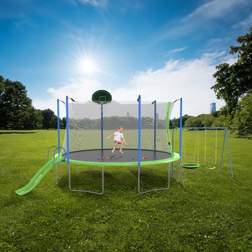 NEW 12FT Outdoor Backyard Trampoline With Slide Swings Recreational Basketball Hoop Ladder Trampoline With Net For Kids And Adults