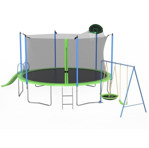 NEW 12FT Outdoor Backyard Trampoline With Slide Swings Recreational Basketball Hoop Ladder Trampoline With Net For Kids And Adults