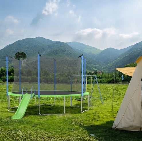 NEW 12FT Outdoor Backyard Trampoline With Slide Swings Recreational Basketball Hoop Ladder Trampoline With Net For Kids And Adults