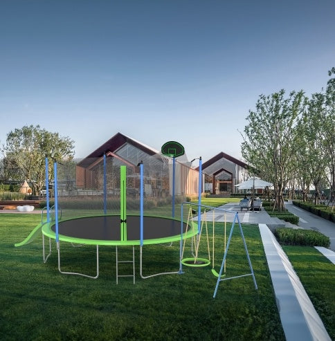 NEW 12FT Outdoor Backyard Trampoline With Slide Swings Recreational Basketball Hoop Ladder Trampoline With Net For Kids And Adults