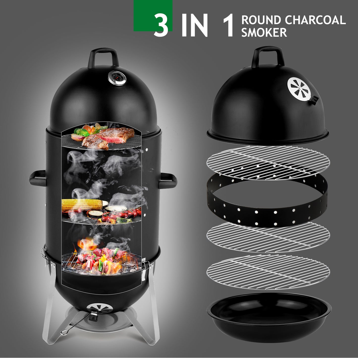 NEW Round 3 in 1 Vertical Steel Black 3-layer Oval Cylinder Smoker Iron Charcoal BBQ Grill