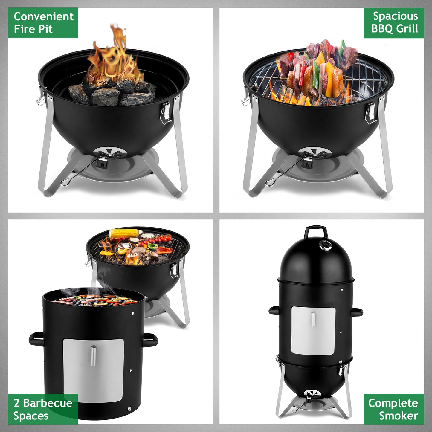 NEW Round 3 in 1 Vertical Steel Black 3-layer Oval Cylinder Smoker Iron Charcoal BBQ Grill