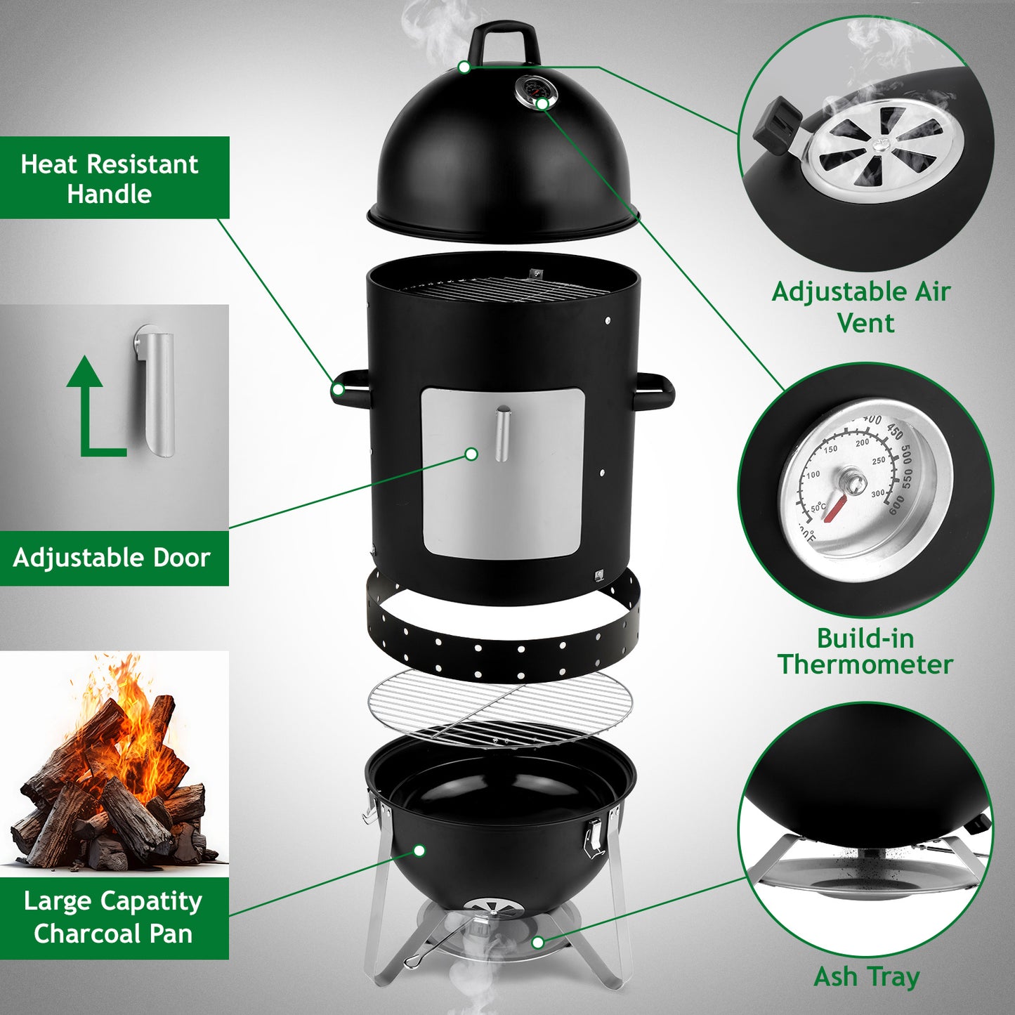 NEW Round 3 in 1 Vertical Steel Black 3-layer Oval Cylinder Smoker Iron Charcoal BBQ Grill