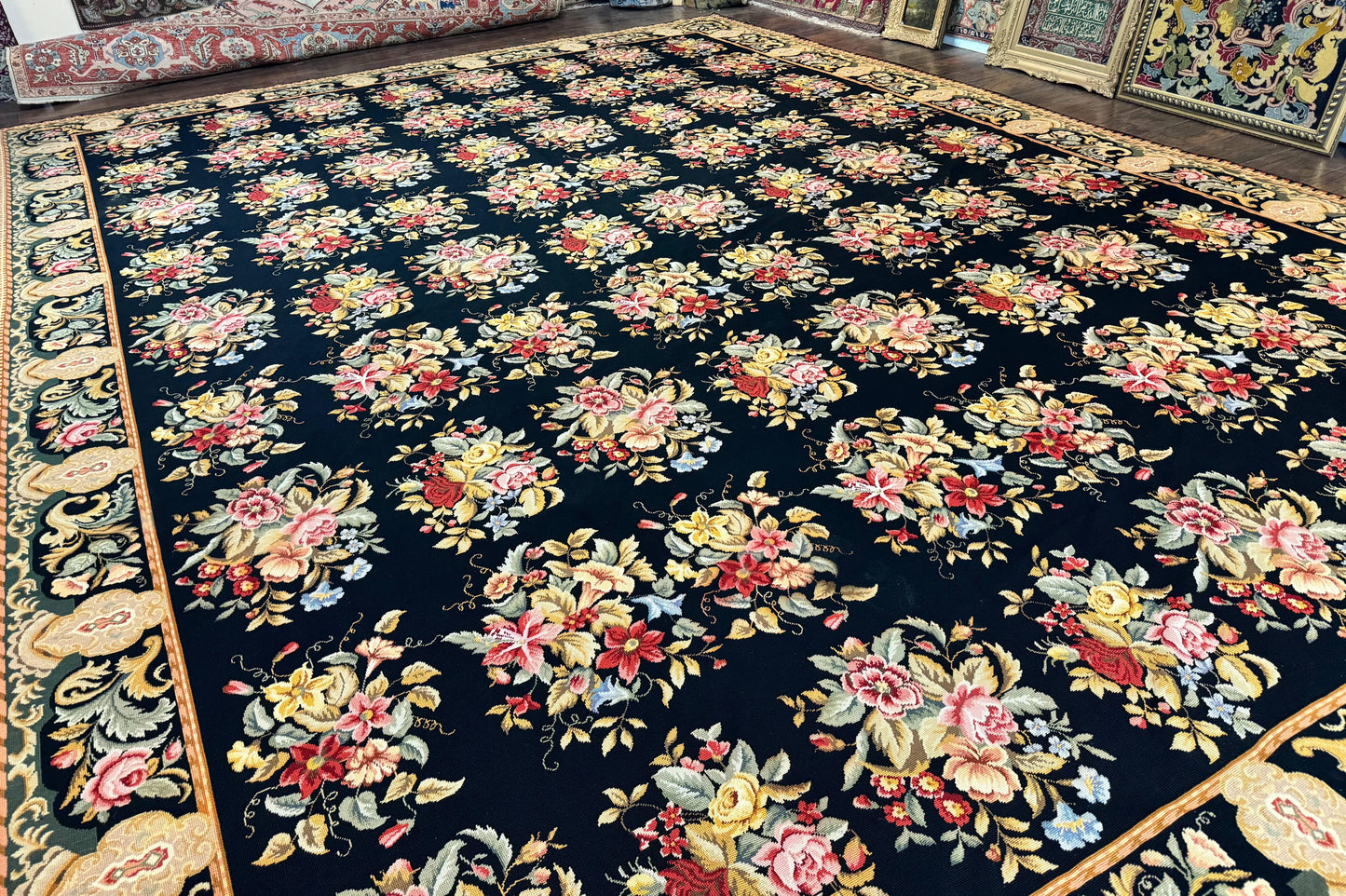 USED Palace Size Needlepoint Rug 12x16, Black and Colorful, Floral Panel, Handmade Oversized Wool Needlepoint Carpet, Rare