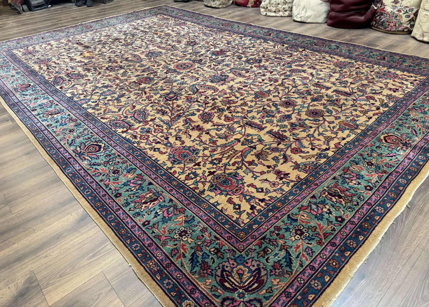 USED Antique Persian Rug 10x15, Camel and Cyan, Allover Pattern, Rare, Samarkand Rug