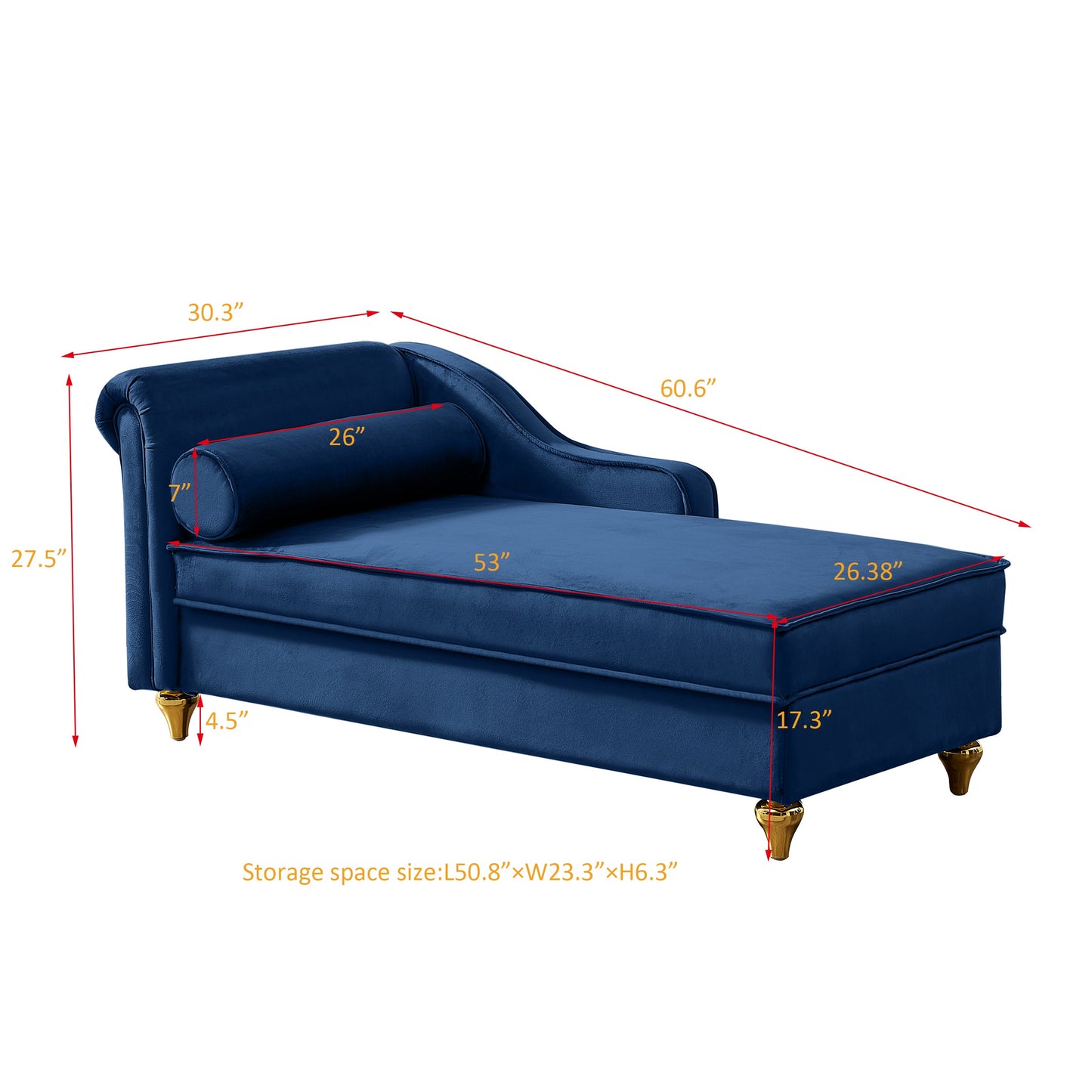 NEW Modern Upholstery Chaise Lounge Chair with Storage Velvet (Navy Blue)