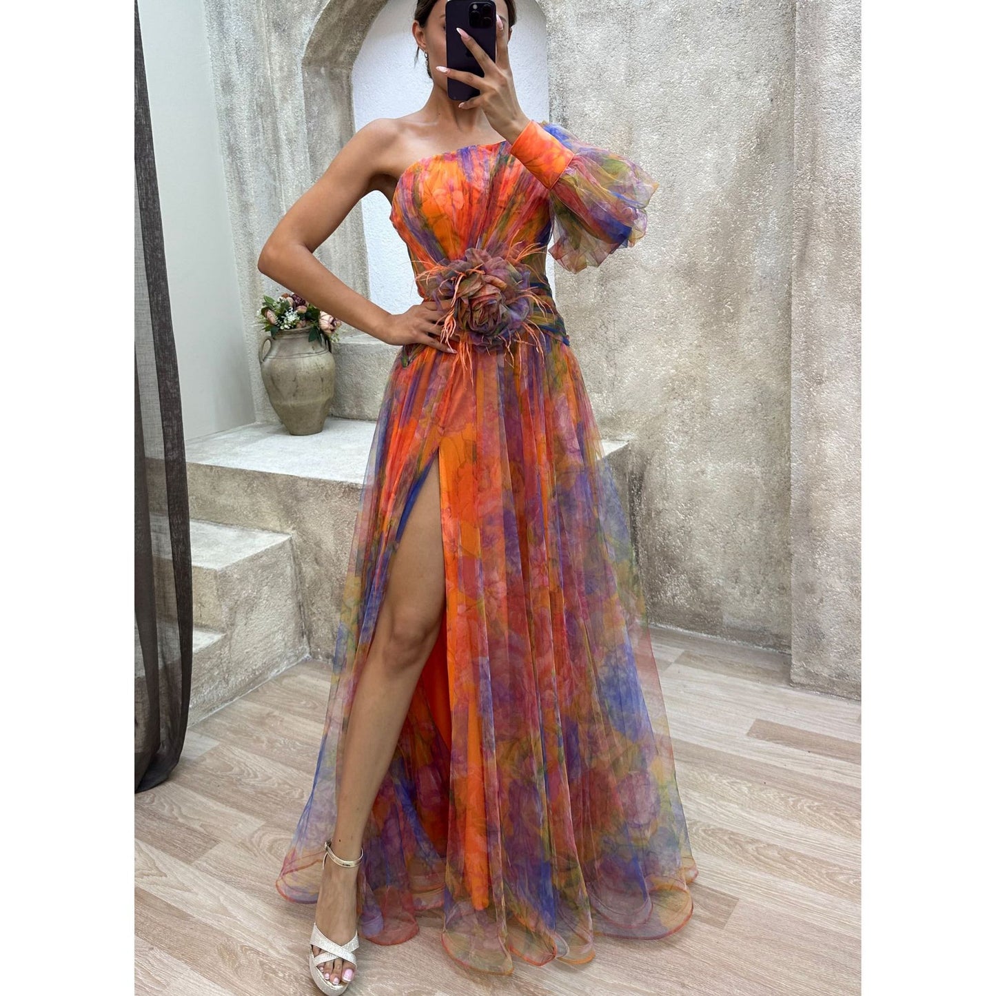 New Mesh Tie-dye Printed Off-shoulder Slit Dress Summer INS Fashion Long Dress Party Womens Clothing