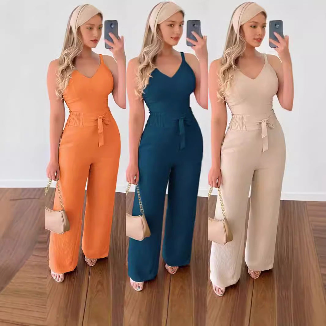 NEW Women's Solid Color Slim Elastic Pleated Two-Piece Suit Sexy Spaghetti Strap V-neck Backless Vest High Waist Wide Leg Pants Suit
