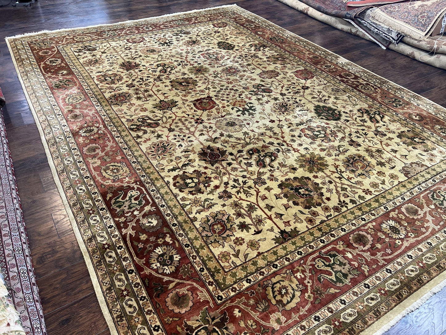 USED Large Indian Rug 10x14, Hand Knotted Indo Persian Gandehar Oriental Carpet, Vintage Wool Rug 10 x 14 ft Cream Red Floral Allover Traditional
