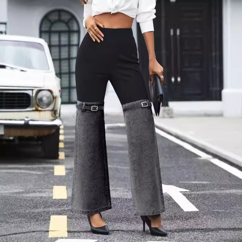 NEW Fashion Slim Knit Denim Stitching Elastic Waist