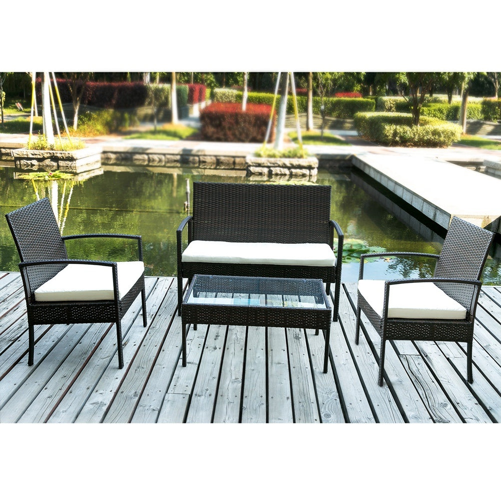 NEW 4Pc Outdoor Metal Rattan Furniture Set Patio Cushioned Set Garden Sofa Chair Table Set (Beige Cushion)