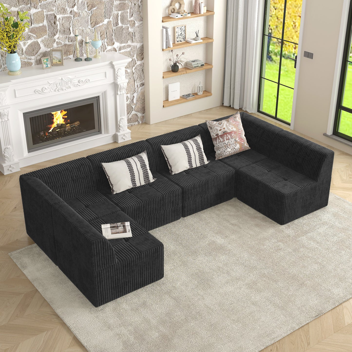 NEW Foam Black Upholstered Modern Minimalist Corduroy Corner Sofa Sleeper Couch