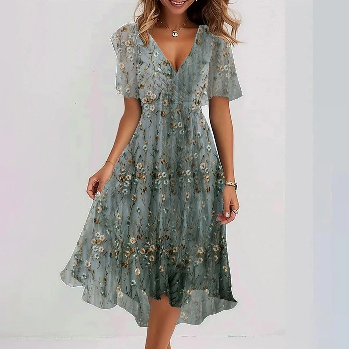 New Chiffon Printed Short Sleeve Dress Summer Elegant V-neck Dresses Womens Clothing