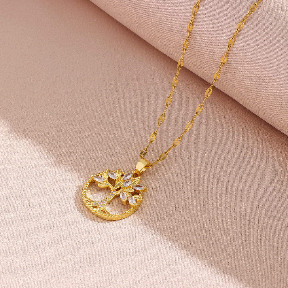 NEW Retro Casual Copper Inlaid Zircon Gold Plated Tree Of Life Pendant
