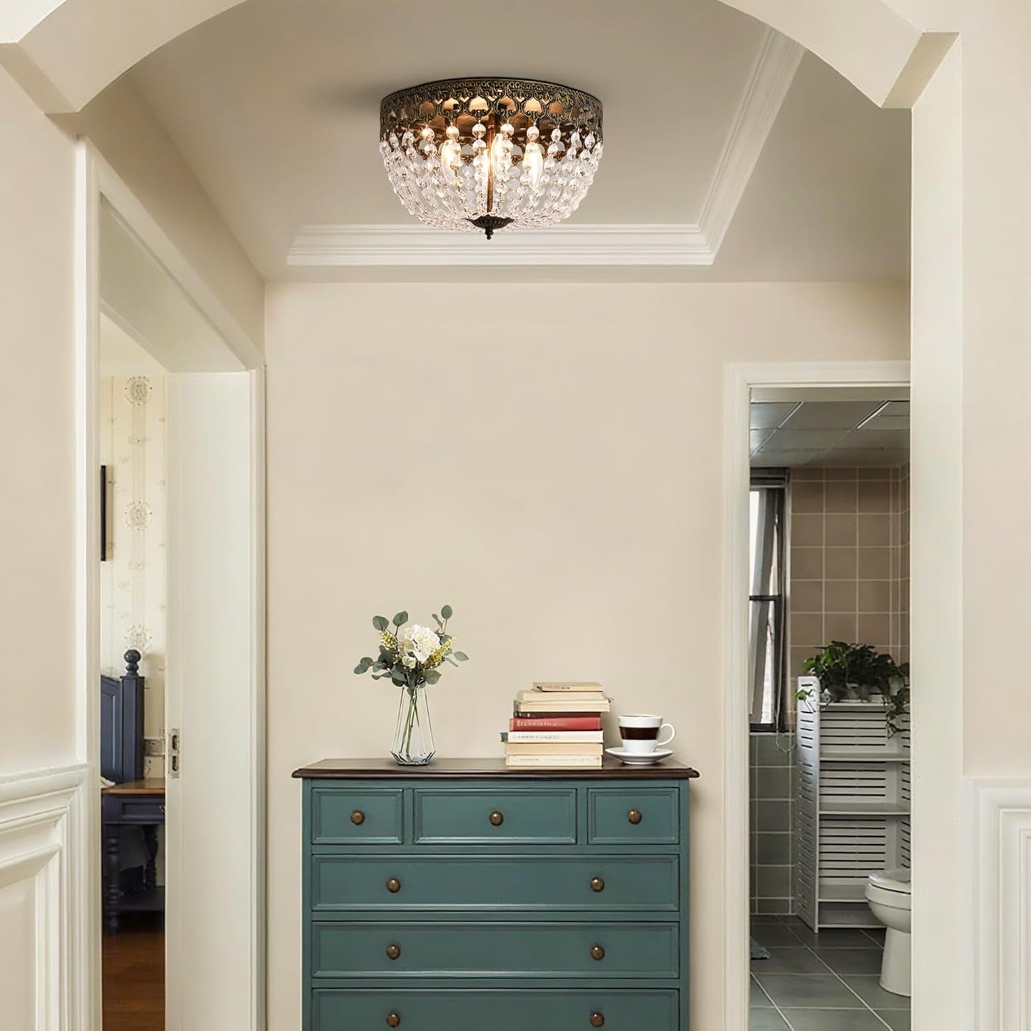 NEW Bronze Crystal 15 Inch Four Light Flush Mount Ceiling Light