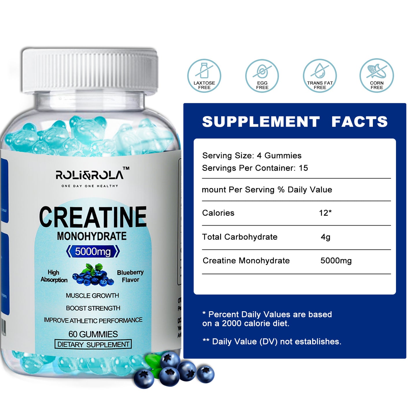 NEW High Strength Creatine Monohydrate Gummies, Blueberry Flavored Creatine Gummies Monohydrate - 60 Gummies X 2 Bottles