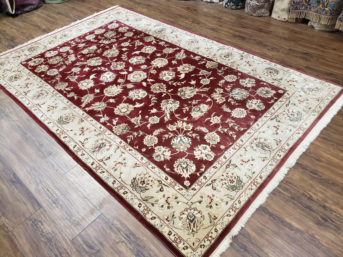 USED Vintage Traditional Oriental Area Rug, Hand-Knotted, Wool & Silk Accents, Maroon Red and Beige, 6x9 Carpet, 5' 9" x 9'
